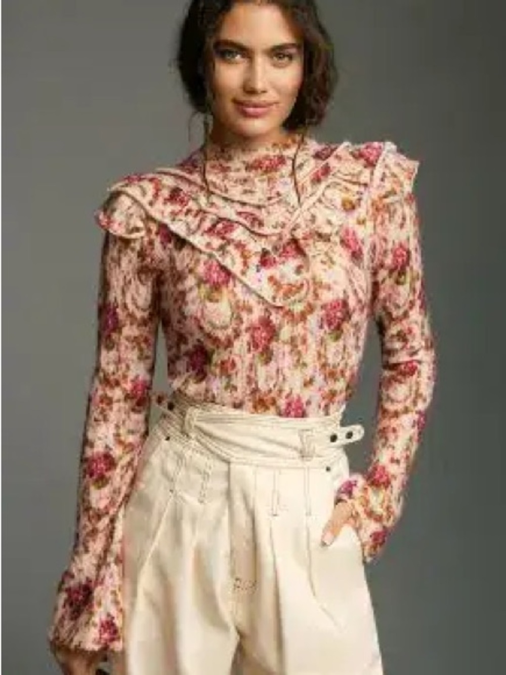 Anthropologie Floral Ruffle High-Neck Long-Sleeve Top - Pink Cream